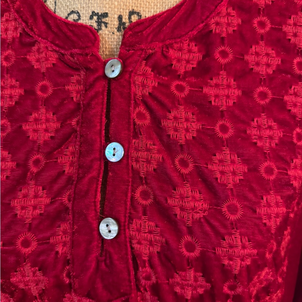 John Mark Red Velvet & Embroidered Pattern Button-Front Tunic - Picture 4 of 15
